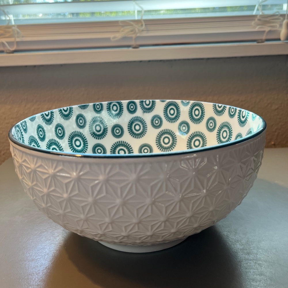 Beautiful White Embossed Teal Patterned Bowl 8.25" Diameter